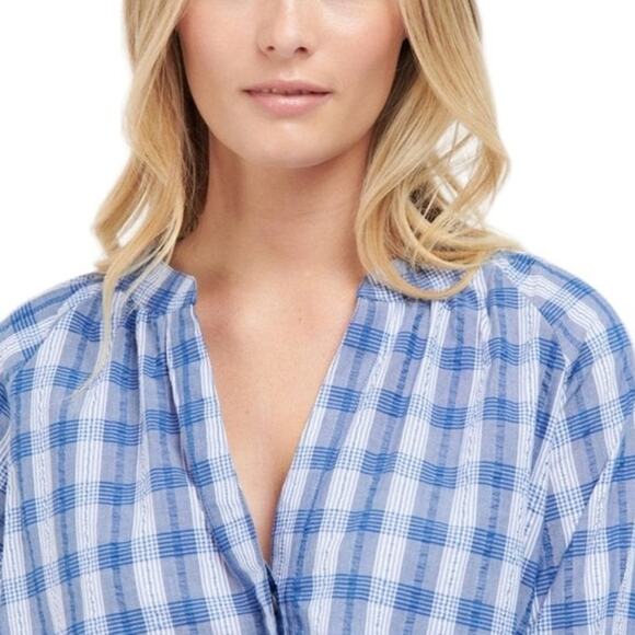Barbour Renfew Cotton V-neck Top Bluebell Blue and White Check Size 12 NWT - Picture 6 of 6